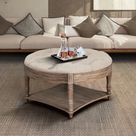 Large Round Ottoman Coffee Table 2 Tier Oversized Button Tufted Ottoman with Wooden Shelf Storage Farmhouse Upholstered Coffee Table Living Room Foots