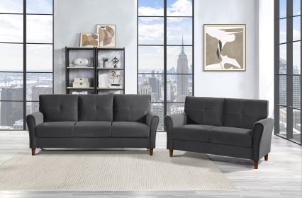 Modern Living Room Sofa Set 2pcs Comfort Sofa Loveseat Plush Seatbacks Tufted Detail Gray Velvet Upholstery Solid Wood Frame Furniture