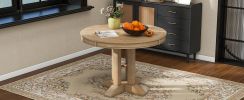 TREXM Farmhouse Dining Table Extendable Round Table for Kitchen, Dining Room(Natural Wood Wash)