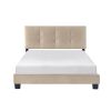 1pc Full Platform Bed Light Brown Velvet Upholstered Adjustable Height Headboard Button Tufted Solid Wood Bedroom Furniture