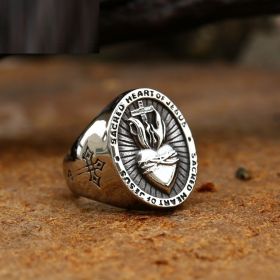 Vintage Dropshipping Stainless Steel Ladies Mens Biker Punk Sacred Heart Of Jesus God Ring Cross Amulet Jewelry For Man Gift (Color: Steel color, size: 7)